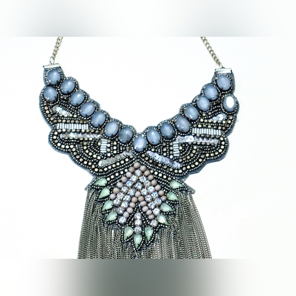 Boho Cara New York Beaded Bib Necklace with Chain Fringe Details Felt Lined